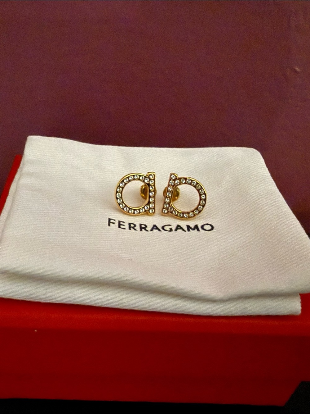 Ferragamo Gold Crystal Gancio Stud Earrings
